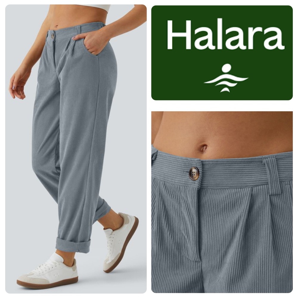 HALARA Blue Mid Rise Zipper Pocket Corduroy Casual Pants